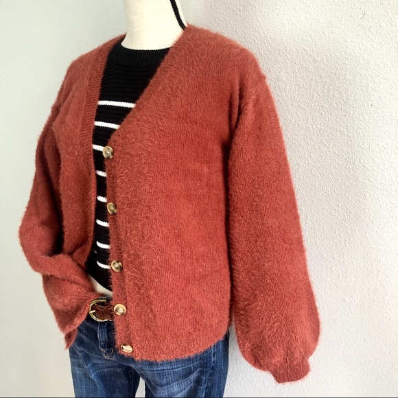 Rust Plush Balloon Pillow Sleeve Cardigan - Picture 3 of 5
